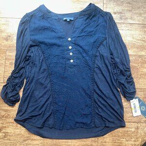 Democracy Navy 3/4 Sleeve Embroidered Top – Size PS (Petite Small)